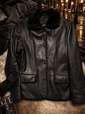 Vintage Rossano Black Leather Jacket Faux Fur Collar Size L